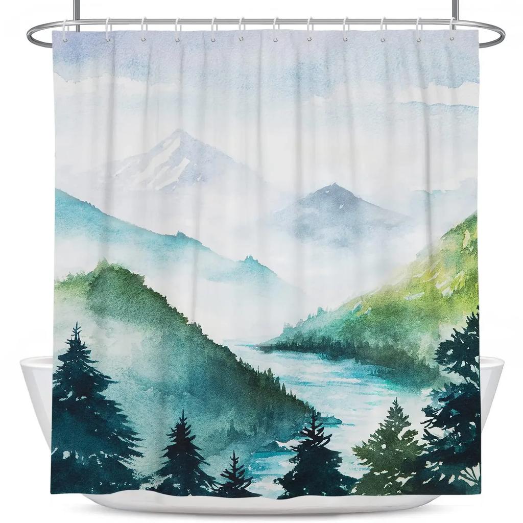 Mountain Shower Curtain,Teal Bathroom Shower Curtain, Cool Nature Watercolor Misty Forest Sun Sunset Landscape Shower Curtains