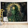 Sun and Moon Goddess Tapestry Wall Hanging Celestial Boho Tapestry Green Gold Floral Wall Art for Bedroom Living Room Decor