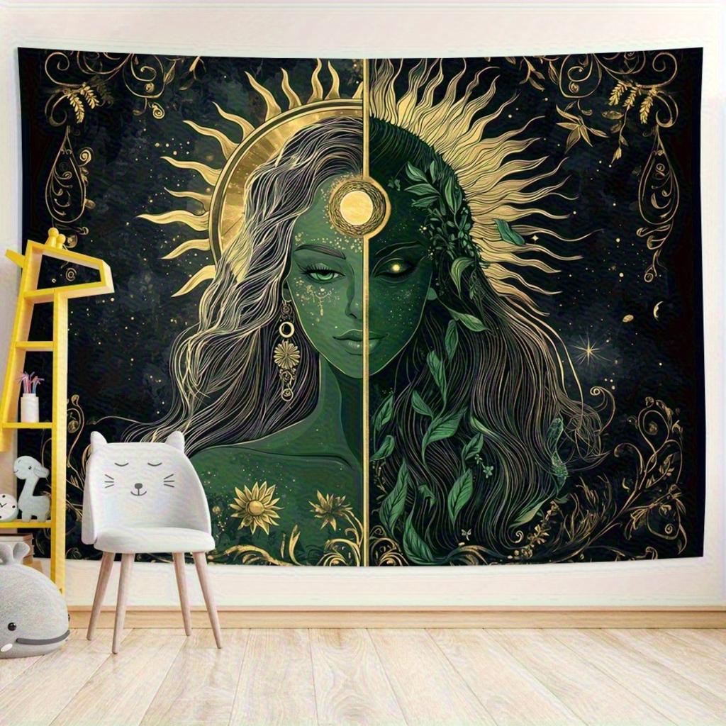 Sun and Moon Goddess Tapestry Wall Hanging Celestial Boho Tapestry Green Gold Floral Wall Art for Bedroom Living Room Decor
