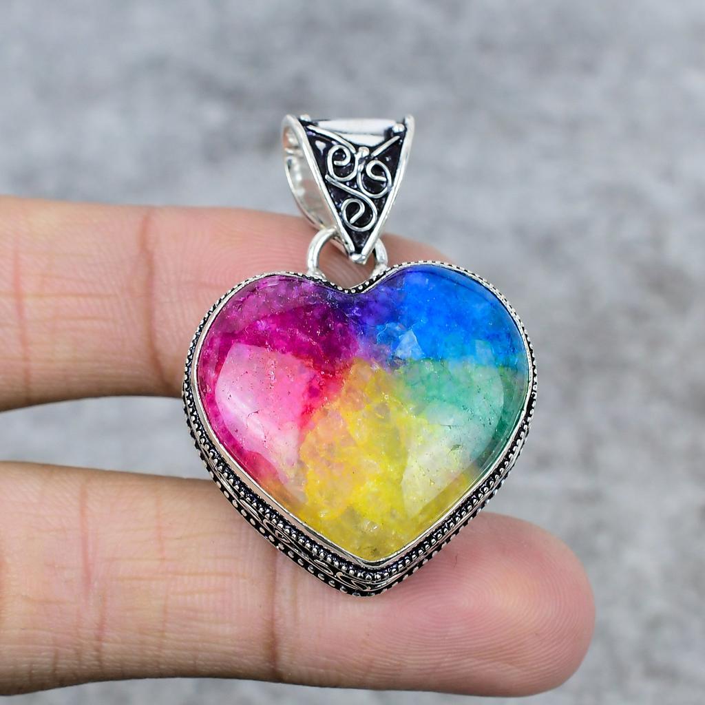 Rainbow Solar Quartz Gemstone Handmade 925 Steling Silver Pendant 2.17" M-251