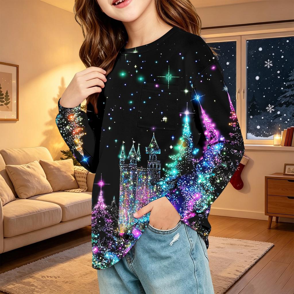 Children's Christmas Print Long Sleeve Neck Shirt with Pocket for Boys and Girls