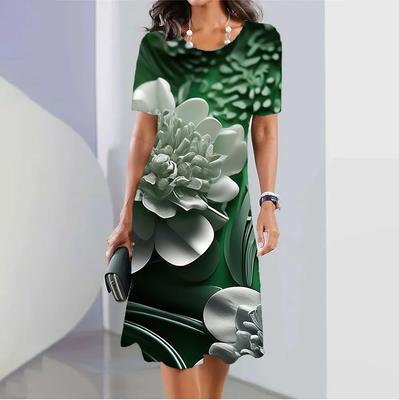 Elegant Women’S Dresses Simplicity Flowers Print Dress Holiday O-Neck Female Loose Oversize Clothing Fashion Party Clothing