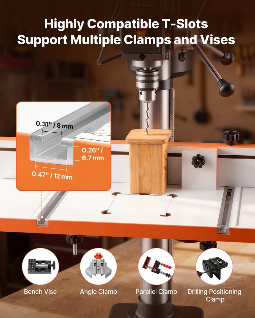 Drill Press Table, 605 x 300 mm, Worktable with an Adjustable Fence and Stop Block, Highly Compatible T-Slots, MDF Tabletop, Built-In Scale, Support
