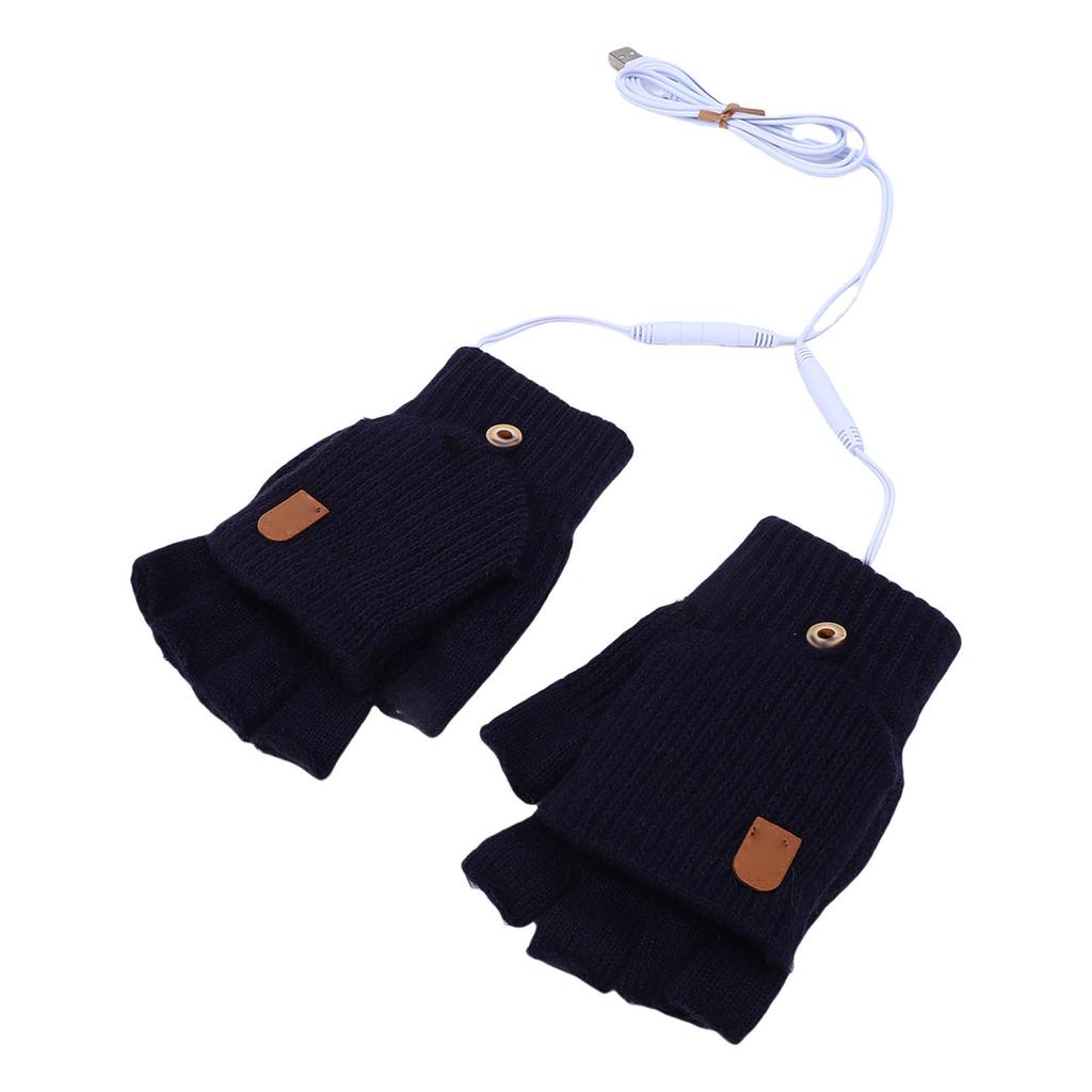 USB Heated Gloves Fingerless for Men Women Acrylic Fiber Electric Hand Warming Gloves for Winter Skiing Gaming Navy Blue