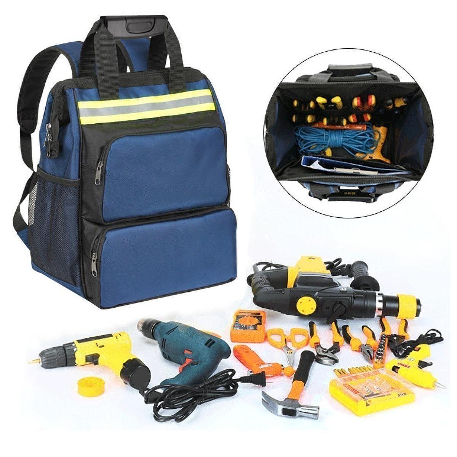 

Oxford Cloth Tool Bag Multifunctional Large Capacity Backpack Blue Heavy Duty with Warning Reflective, Appliance Repair Tool Bag Height 40 cm