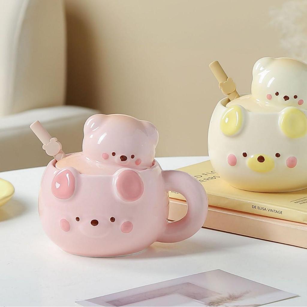 Adorable Little Bear Ceramic Mug with Lid and Straw - Perfect for Home, Milk, Breakfast, and Gifts
