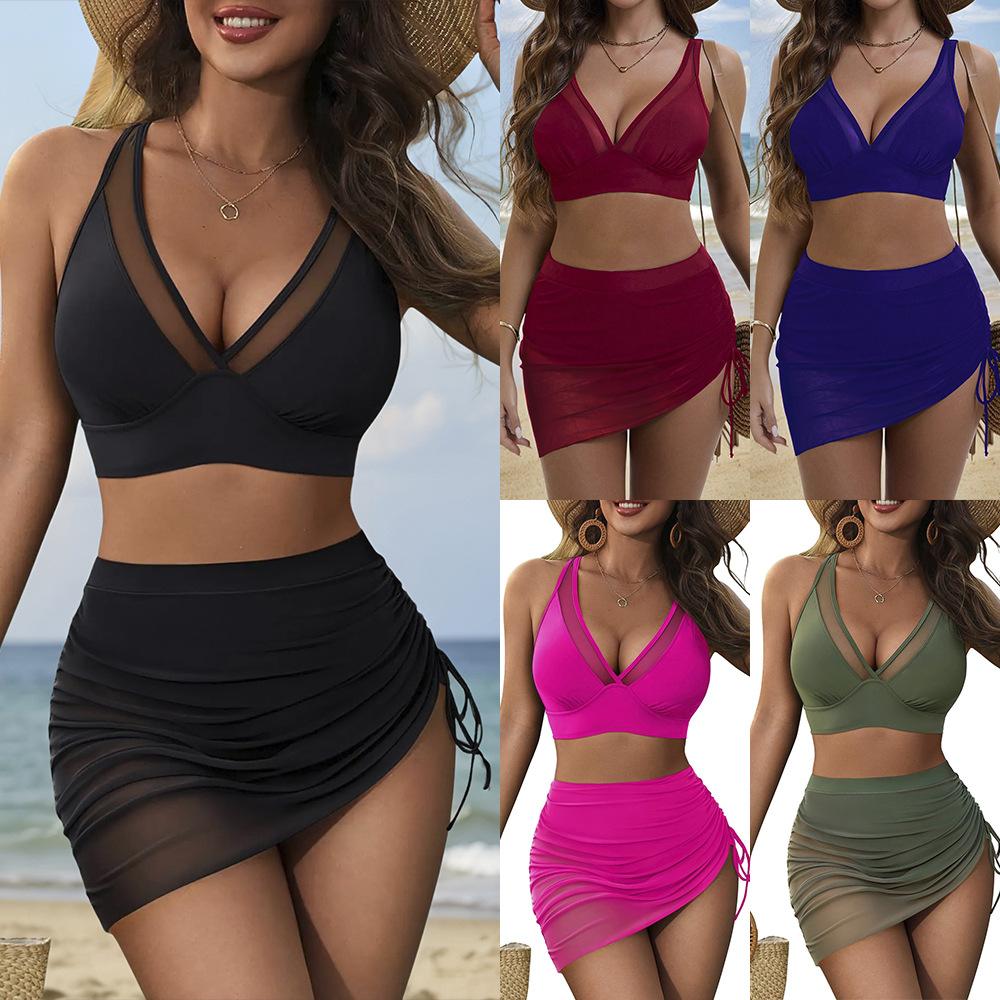 Women’s Sexy Tankini Bathing Suit Mesh Drawstring High-Waist Bikini Swimsuit, Fashion Two-Piece Swimwear Set