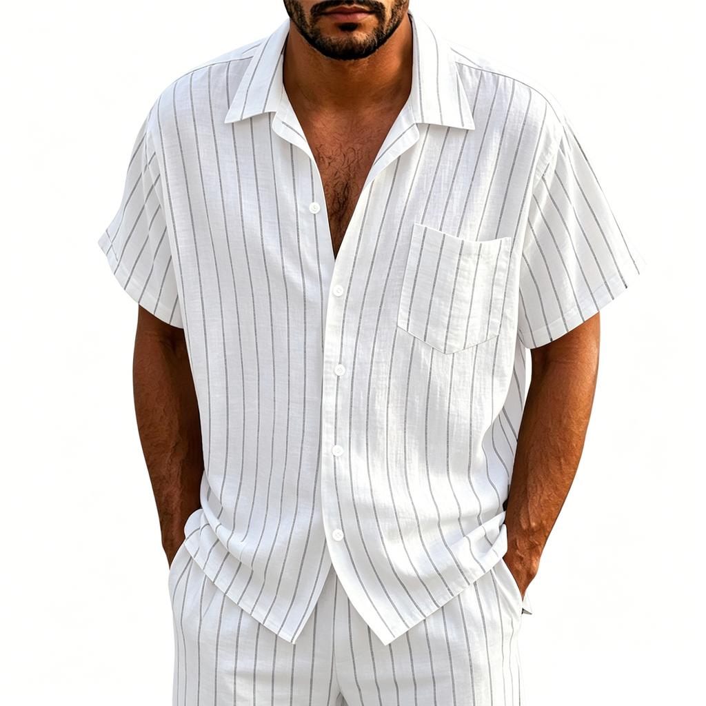 Men's Linen Button Down Shirt Vertical Stripe Pattern Short Sleeve Casual Loose Fit Breathable Summer Shirt with Turn Down Collar