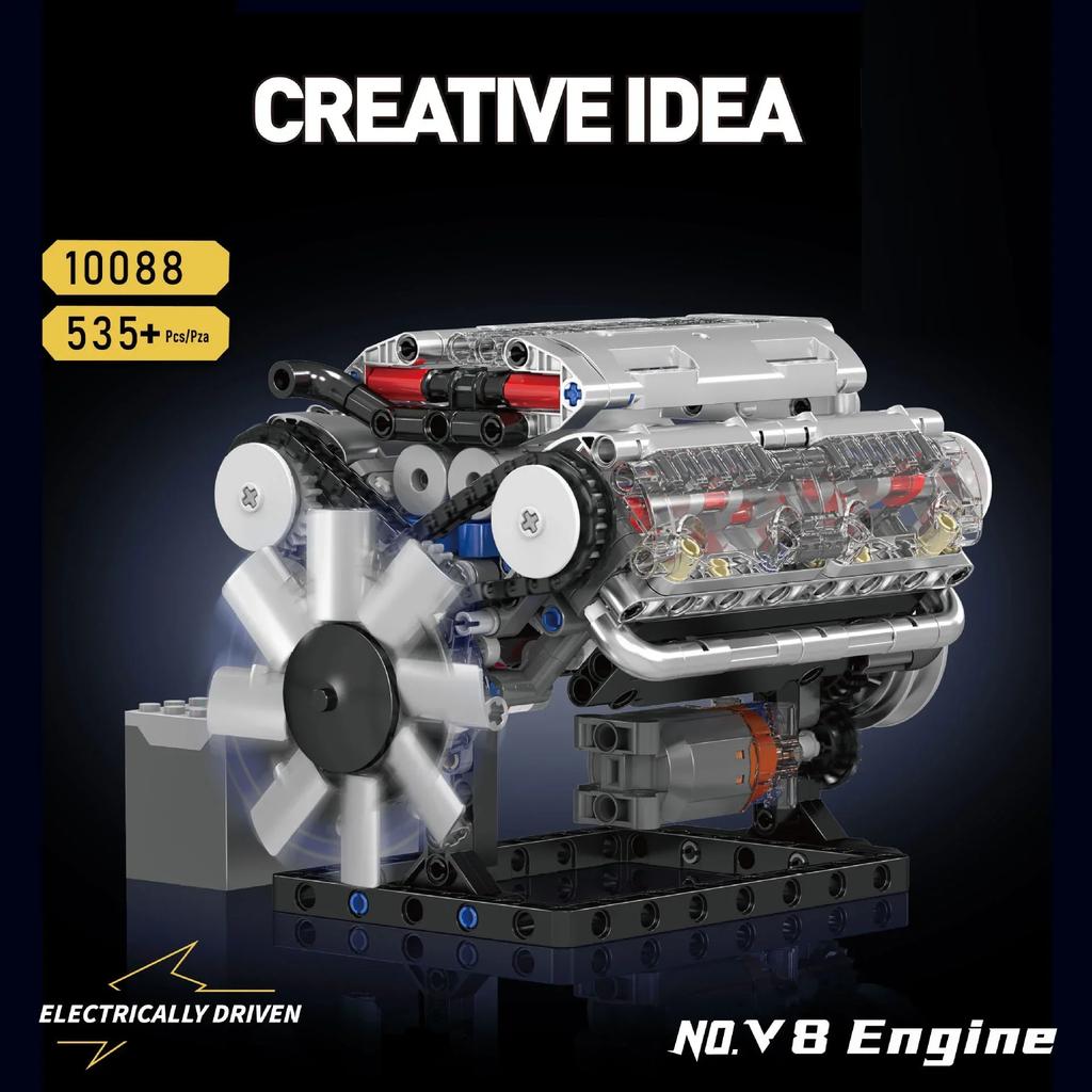Mould King 535pcs 10088 V8 Engine MOC Simulation Scale Model Battery Box L Motor Electrically Drive Building Blocks Toy Gift