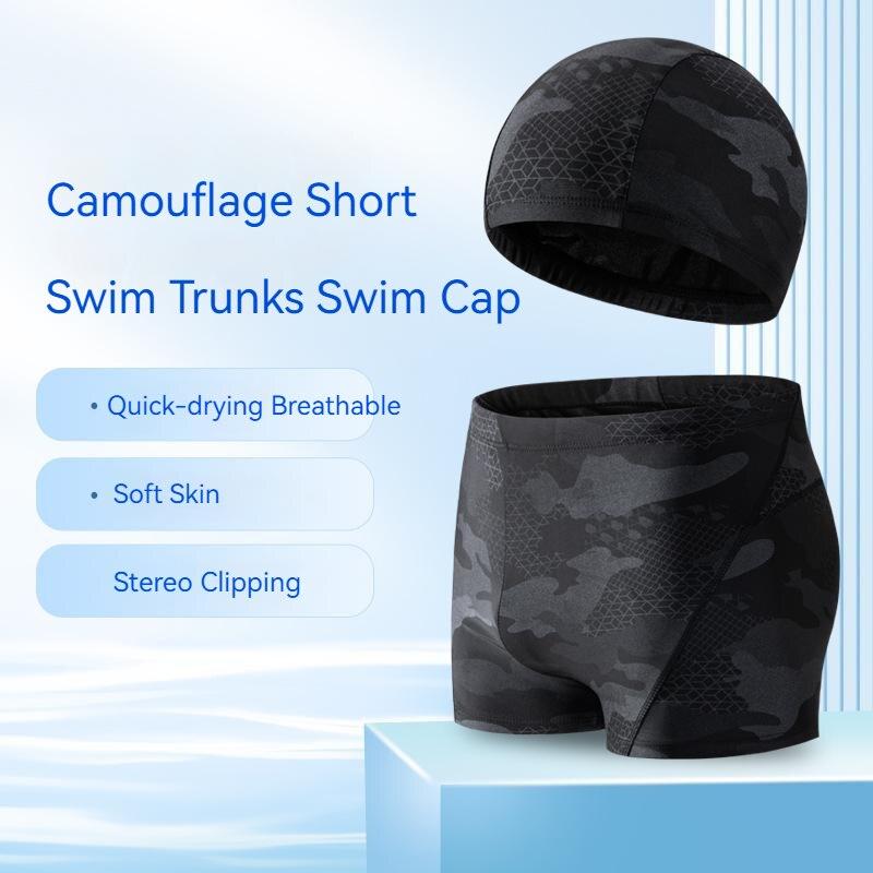 (L-5XL)Men Swimwear Adult Quick Dry Swimming Trunks Camouflage Breathble Surfing Training Racing Water Sport Shorts with Cap/Hat