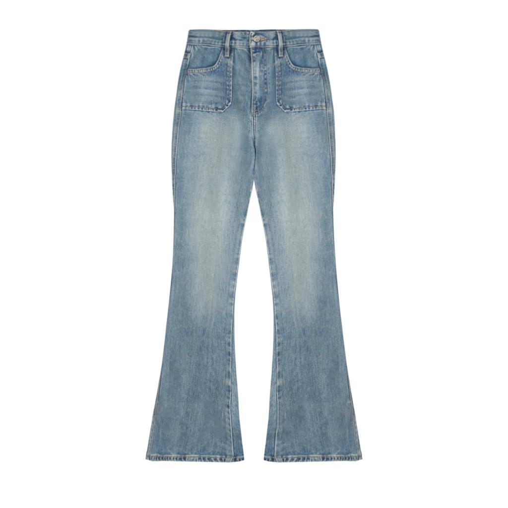 Women’s Mid‑Waist Vintage Washed Flare Jeans – Slim Fit Denim Pants – Blue Retro Style