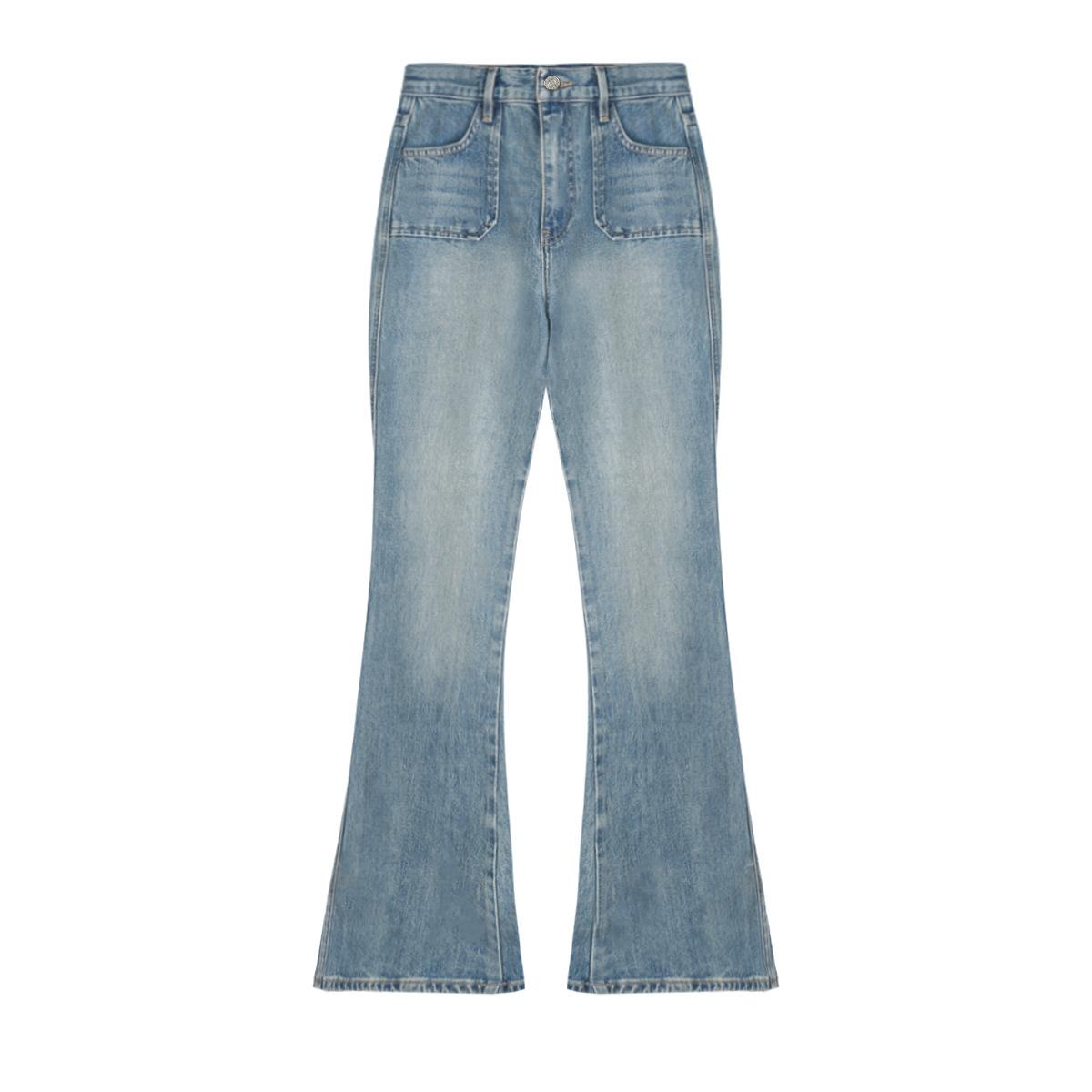 Women’s Mid‑Waist Vintage Washed Flare Jeans – Slim Fit Denim Pants – Blue Retro Style XS светло-синий