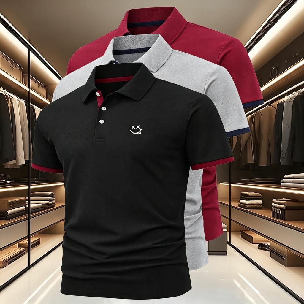 Men's 3Pack Set Short-Sleeve Polo Shirt with 3Button,2Tone Cuffs Moisture-Wicking Ideal for Golf, Commuting, and Casual Wear