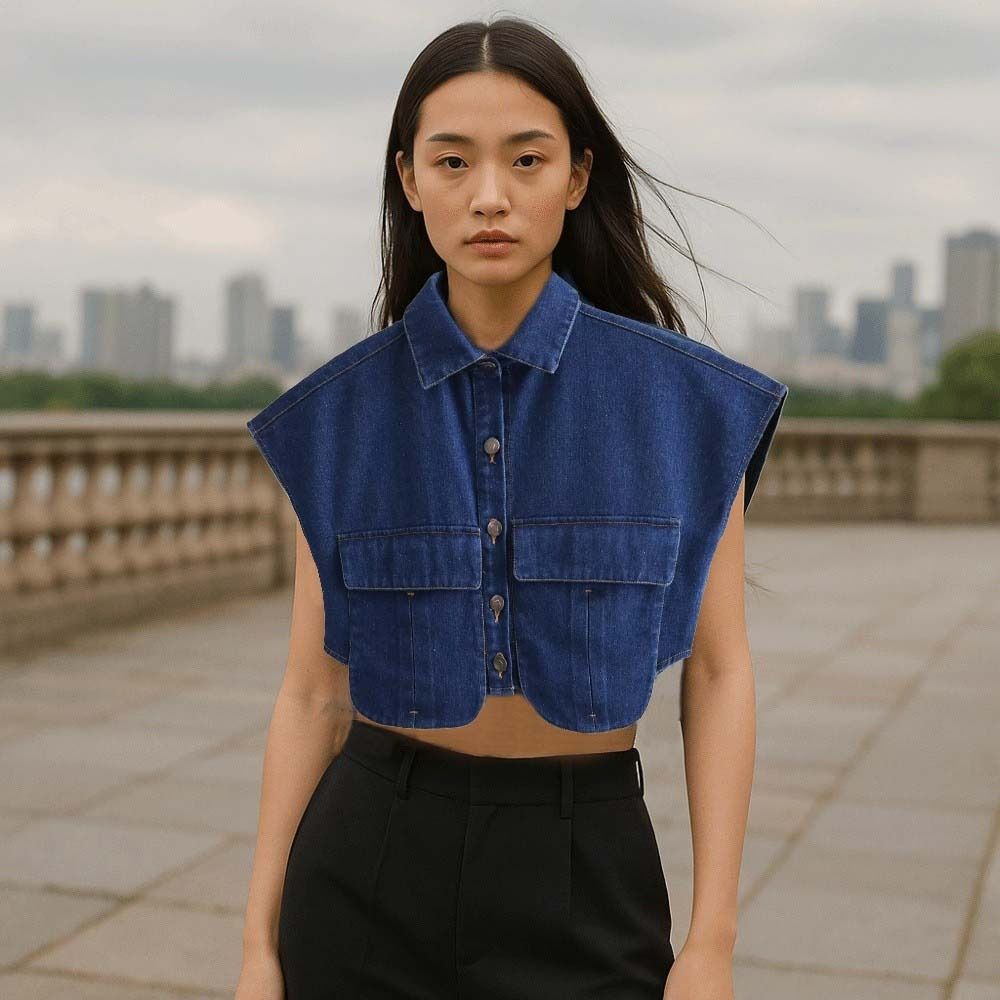 with Large Pocket Female Short Blouses Sleeveless Loose Denim Shirts Cropped Denim Shirt  Summer