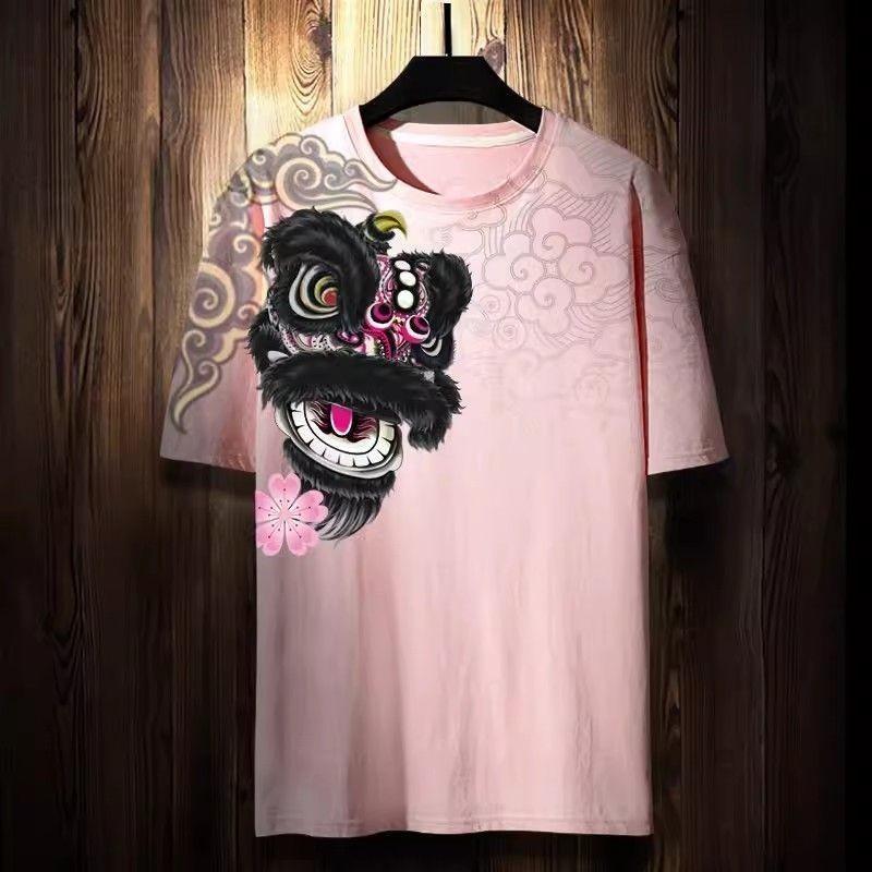 New Chinese style fashionable T-shirt 3D pattern lion dance print short sleeved summer loose breathable plus size top