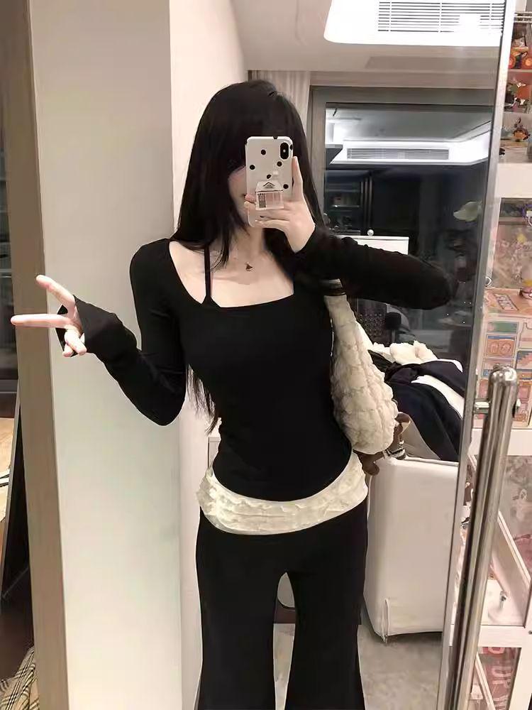 Spring/Summer 2025 Women's Pleated Lace Micro-Flare Ballet Pants - Floor-Length Trousers