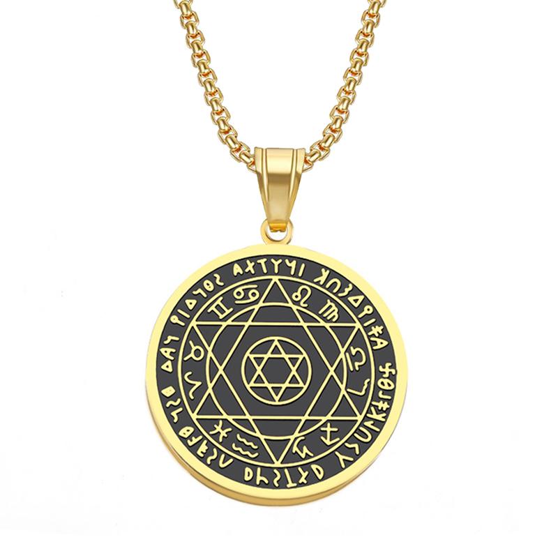 Punk Constellation Star of David Pendant Gold Color Stainless Steel Round Necklace For Men Women Zodiac Signs Jewelry Gifts