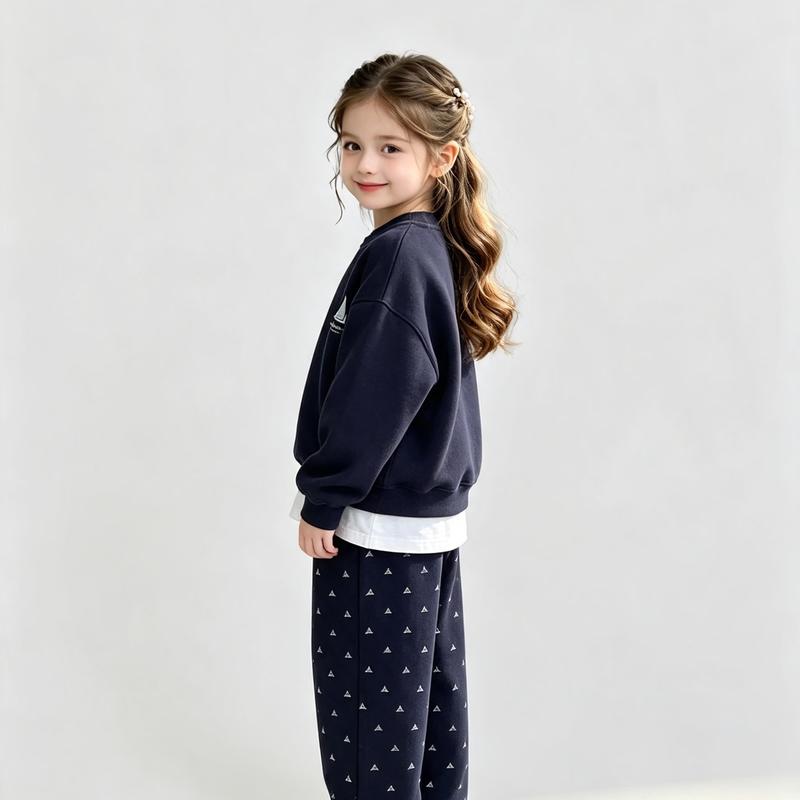 Girls' Navy Blue Hooded Sweatshirt & Floral Wide-Leg Pants