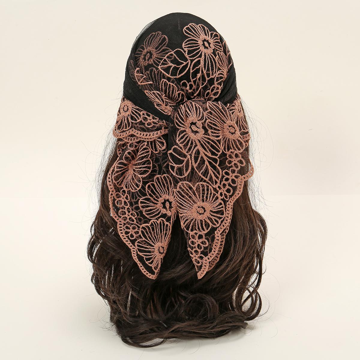 

New Square Yarn Hijab Scarf Women Floral Embroidery Lace Headband Summer Breathable Bandana For Women Elegant Turban Hair Wrap