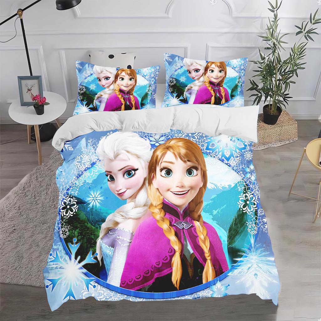 Frozen Prinses Elsa en Anna Anime Dekbedovertrek Set Comforte Beddengoed Sets met Print Cartoon Tweepersoons Kerstcadeaus 3-delig