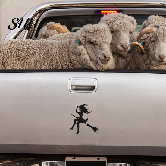 Weatherproof Car Sticker Halloween Witch Flying Broom Weather-resistant Self-adhesive Auto SUV Motorbike Bumper Vehicle Window Body Wall Decoration