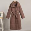 Women Long Wrap Puffer Coat Wide Collar Belted Waist Winter Warm Outerwear