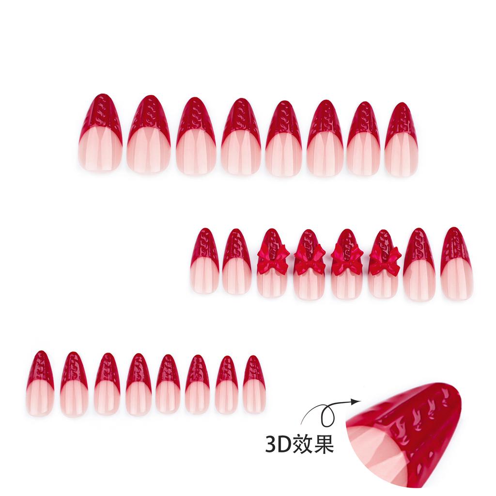 24PCS/SET 3D Red French Nail Stickers Party Wear Nails Removable Nail Art False Nails Bow Nail Art