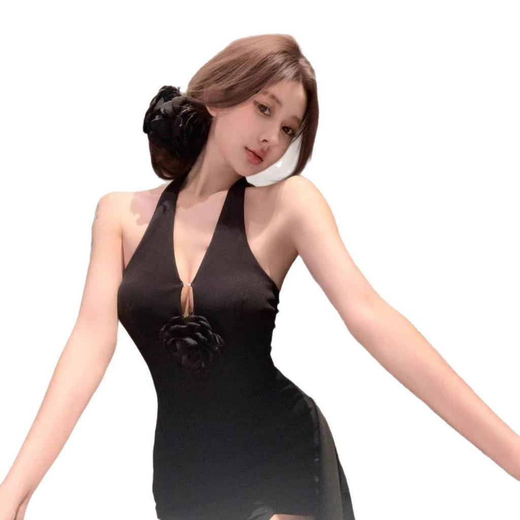 Rochie de seară roșie subțire pentru femei, cu halter floral 3D - Rochie bodycon cu talie marcată și crăpătură