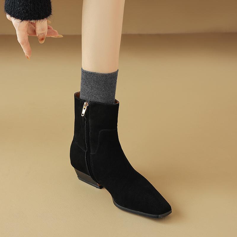 Módní kotníkové boty z dětského semiše Dámské boty Nové 2025 Jaro Nízké blokové podpatky Módní Čtvercová špička Dámské Patchworkové Černé Šedé Meruňkové Boty