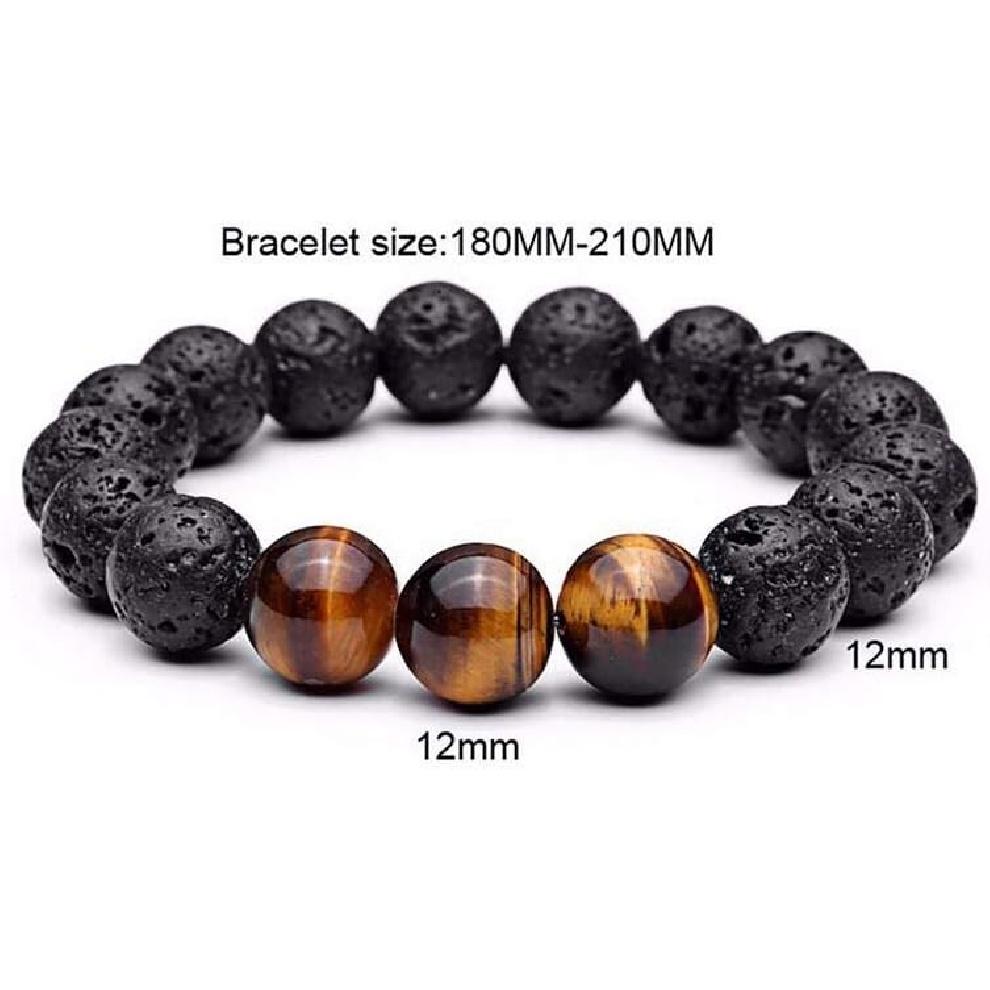 

YUANYI Мужской и женский натуральный эластичный браслет из бусин 12 мм из тигрового глаза и лавового камня