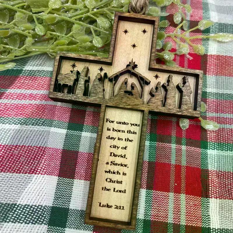 3D Nativity Scene Wooden Cross Ornament, Handmade Christmas Tree Decoration, Home And Religious Decoration