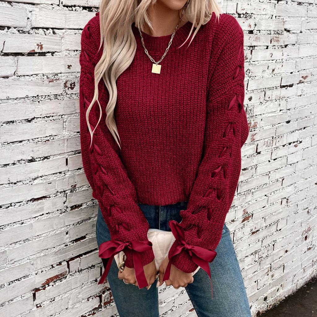 Women's Fashion Casual Round Neck Long Sleeve Solid Color Lace-up Bowknot Pullover Loose Women's Sweater