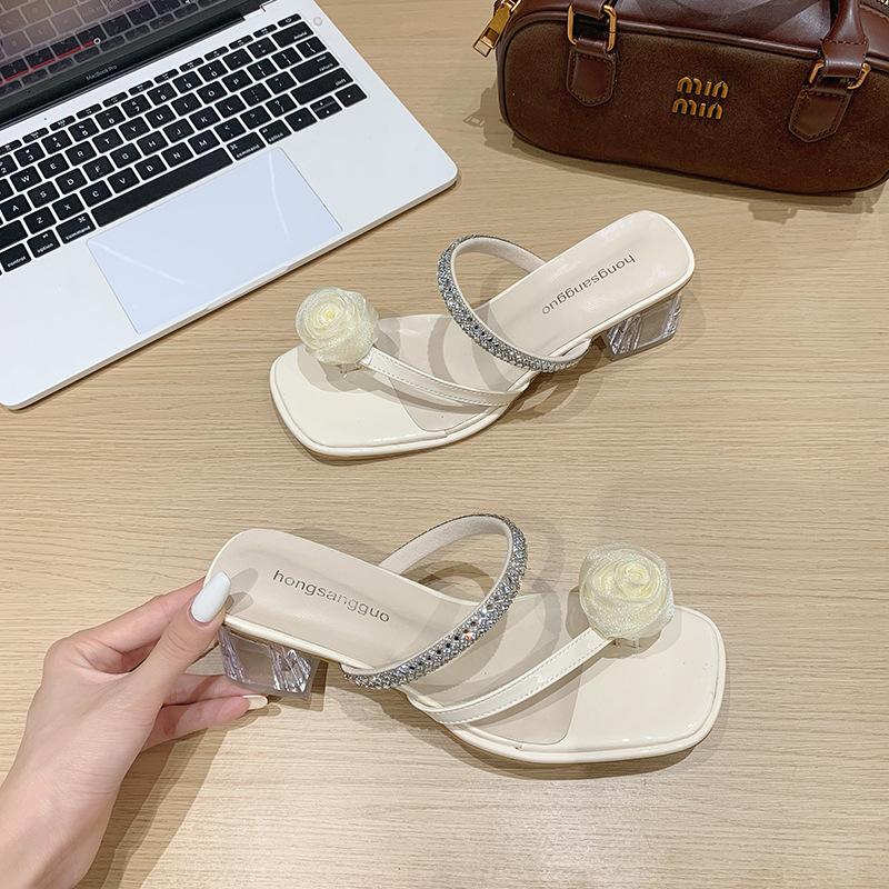 Camellia set toe high heel cool slippers women's summer new rhinestone fashion crystal and slippers women