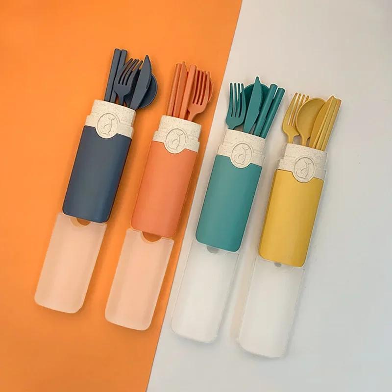 Portable Travel Cutlery Set, 4pcs Knife Fork Spoon Chopsticks Tableware, Eco - Friendly Utensil Box