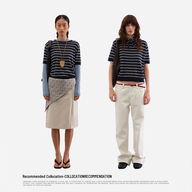 GREEN BELT Striped Wool Linen Knit Short Sleeve Top with Necktie