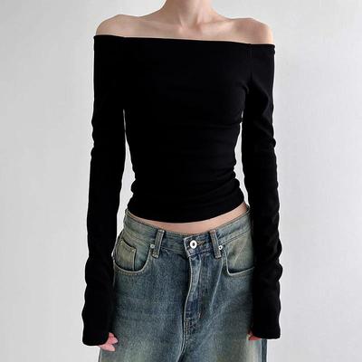 Чорна суцільна коса шия, елегантні топи з довгими рукавами, корейська модна тонка сексуальна укорочена футболка, жіночий осінній одяг