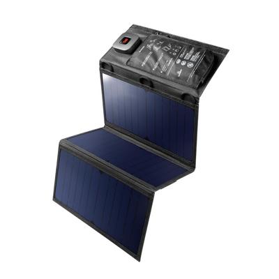 ELECOM Solarladegerät, Solarpanel 21 W, 3 Panels, 2 Anschlüsse [USB-C x 1, USB-A x 1], faltbares digitales Amperemeter mit Ständer, inkl. Loch zum Aufhängen in der Tasche, Schwarz