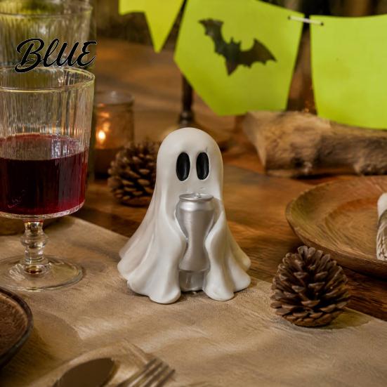 Halloween Themed Home Decor Ghost Figurine with Drinks Resin Statue Cute Spooky Desktop Table Ornament for Party Tabletop Decorations And