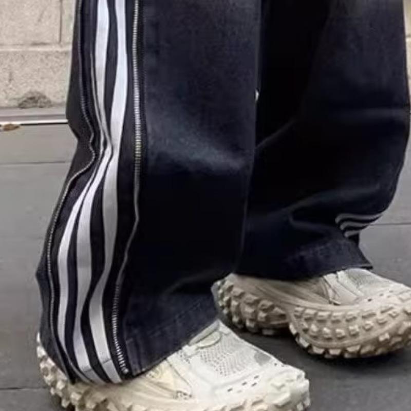 JYL Men's Black Striped Jeans Vintage Three-Stripe High-Street Loose Straight Denim