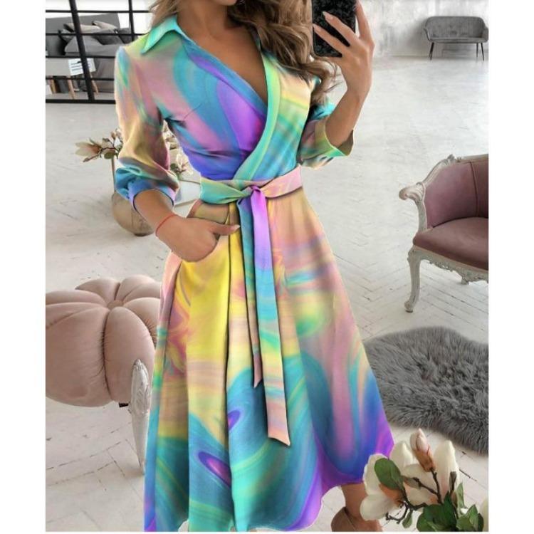 Women Summer Dress Long Sleeve V Neck Lace Up Printed Wrap Skirt Fashion Clothing