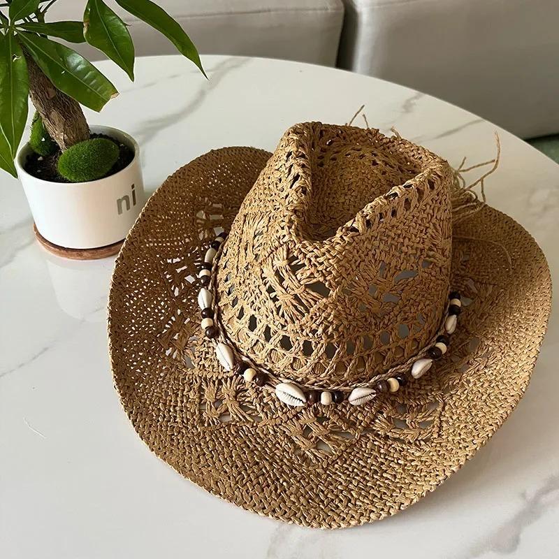 1Pc Summer Bohemian Shell Straw Hat Beach Women Men Cowboy Hats Wooden Beads Hollow Out Western Wide Brim Sun Hat Holiday Cap