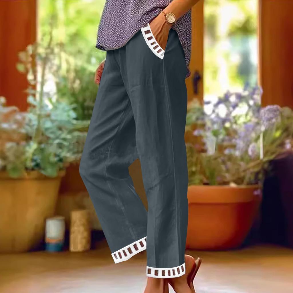 Women's Fashion Color Pocket Elastic Waist Versatile Cotton Lace Casual Sports Pants