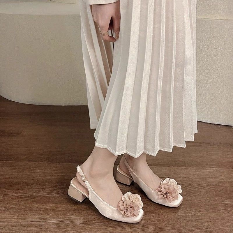 Flowers Women's Shoes Block Heel Apricot Square Toe Ladies Pumps Genuine Mark Footwear Stylish Non Slip Luxury Brand Vacation 39