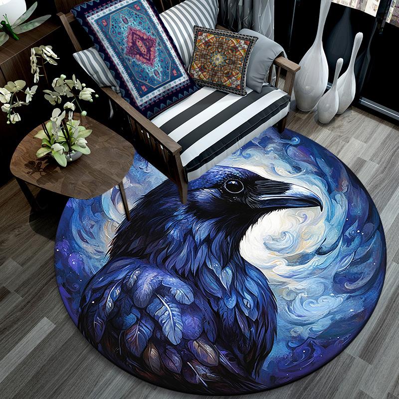 Blue Raven Round Area Rug,Carpet Rug for Living Room Bedroom Sofa Playroom Decor,Non-slip Floor Mat