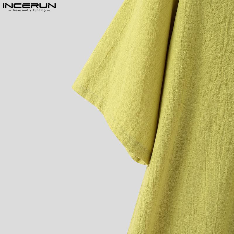 INCERUN Cămăși de vară pentru bărbați cu mânecă scurtă, cusături casual, vintage, din bumbac