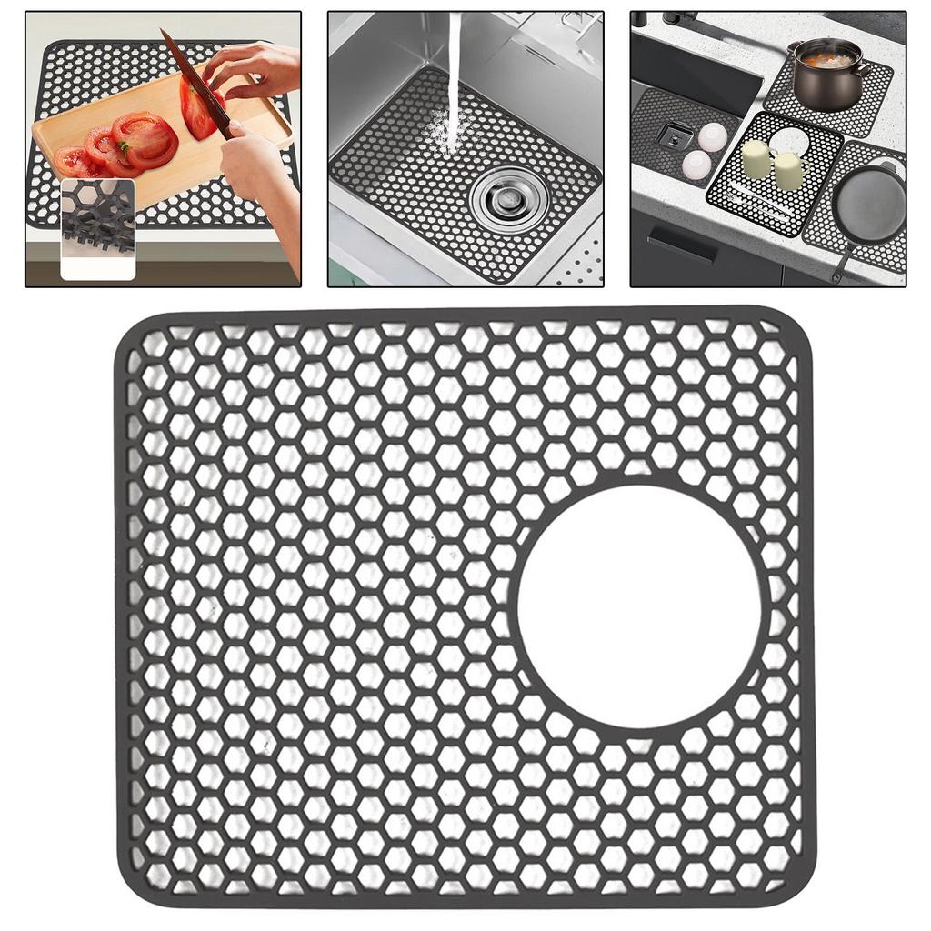 Silicone Sink Mat Dish Drying Mat with Center Hole Reusable Multipurpose Countertop Mat Dish Rack Mat for Pot Glasses Bowl
