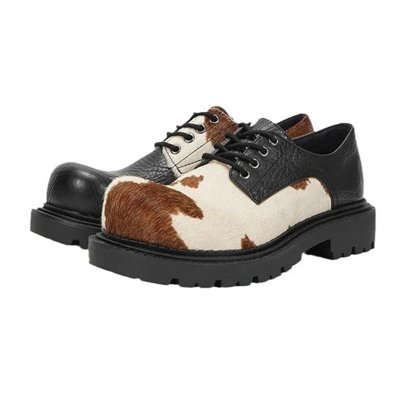 Mode 2025 Grote Maat 46 Unisex Retro Derby Schoenen Dames Vintage Veters Koeienpatroon Paardenhaar Grote Teen Flats Schoenen voor Heren