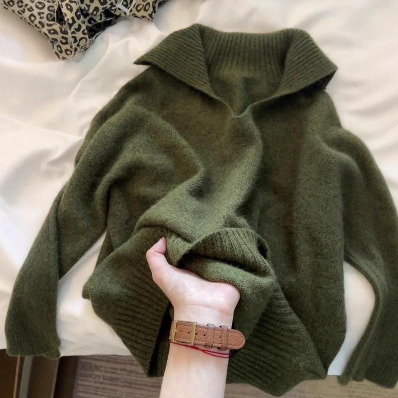 

Женский свитер Зимний Утепленный Пуловер Теплый Вязаный Однотонный Большой Воротник Длинный Рукав Оверсайз Джемпер Топы S зелёный