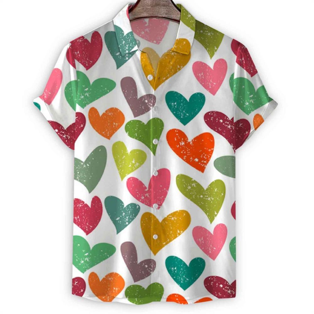 Cartoon 3d Print Love Heart Hawaiian Shirt Men Women Summer Short Sleeve Tees Lapel Button Shirts Tops Street Oversized Blouse