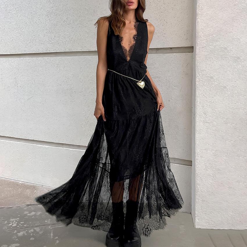Fashionable V-Neck Lace Camisole Dress With A Stylish Design, Waist-Cinching A-Line Skirt, New Summer Long Dress For Women